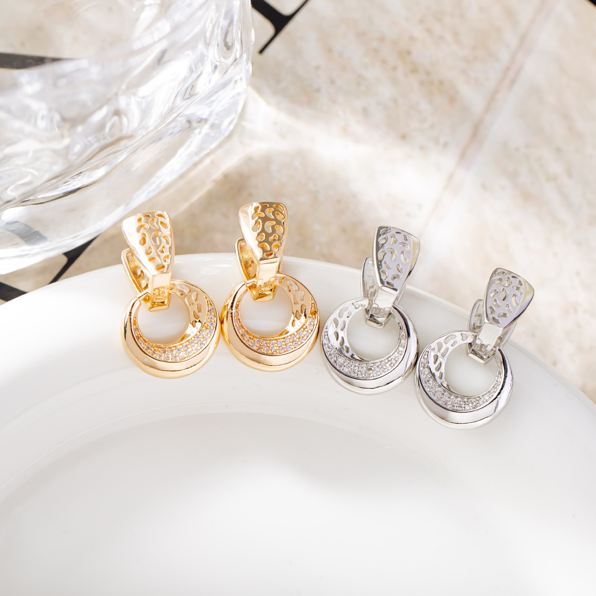 Luxury Hollow Round Moon Rose Gold Silver Color Drop Earrings For Women Micro-wax Inlay Natural Zircon Flower Bridal Wedding Daily Jewelry For Women - Image 2